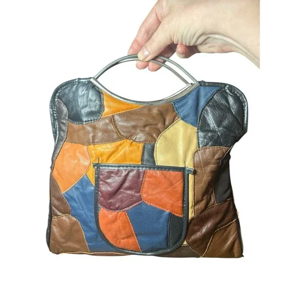 Patchwork Leather Purse Vintage Handmade Hong Kong Silver Tone Eye Arch Handle - Picture 14 of 14